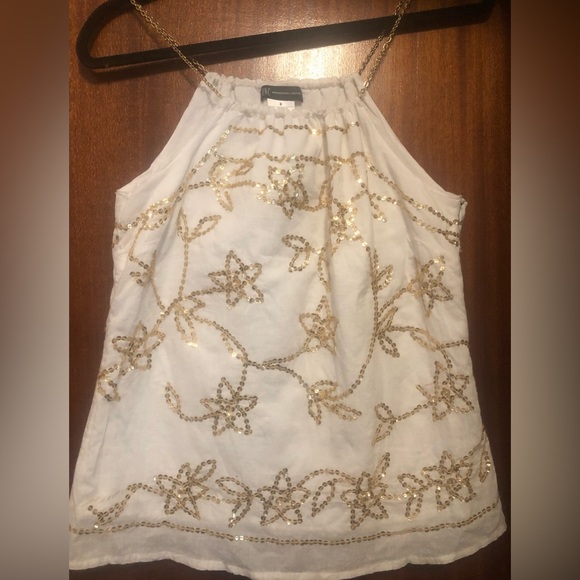 INC Cotton top with gold sequin accents, gold chain neck strap. Worn once. Sz.8 - Picture 2 of 5